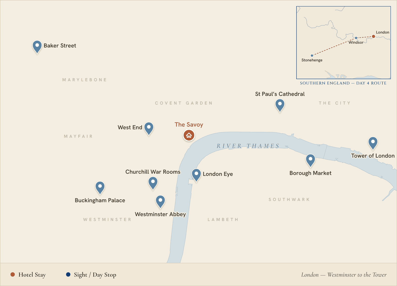 Map of the London, Windsor & Stonehenge family itinerary: central London sights around the Savoy, with the day-trip route to Windsor Castle and Stonehenge