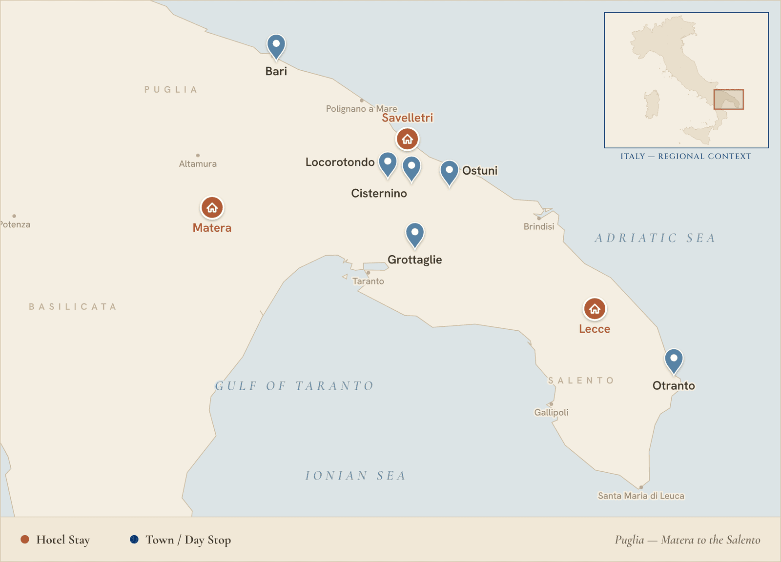 Route map for the Matera & the Heel of Italy food and family itinerary, Puglia and Basilicata, southern Italy
